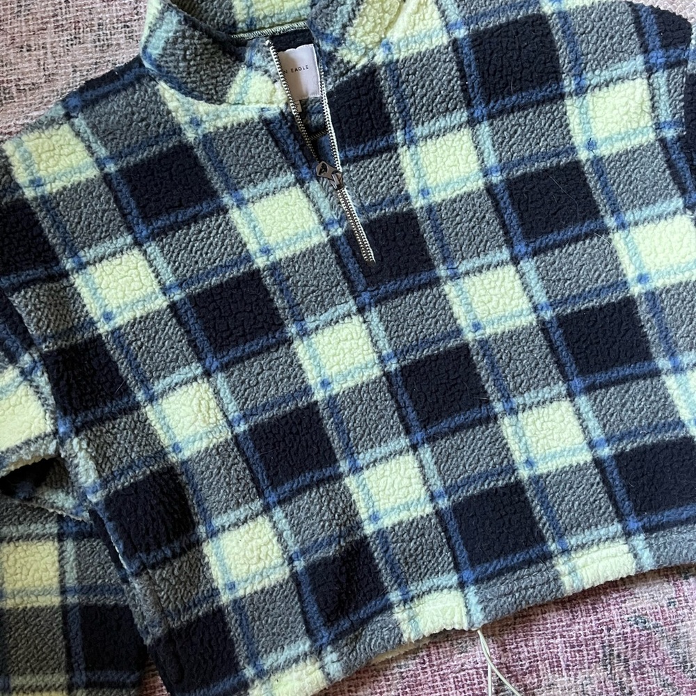 American Eagle sherpa cropped plaid quarter zip